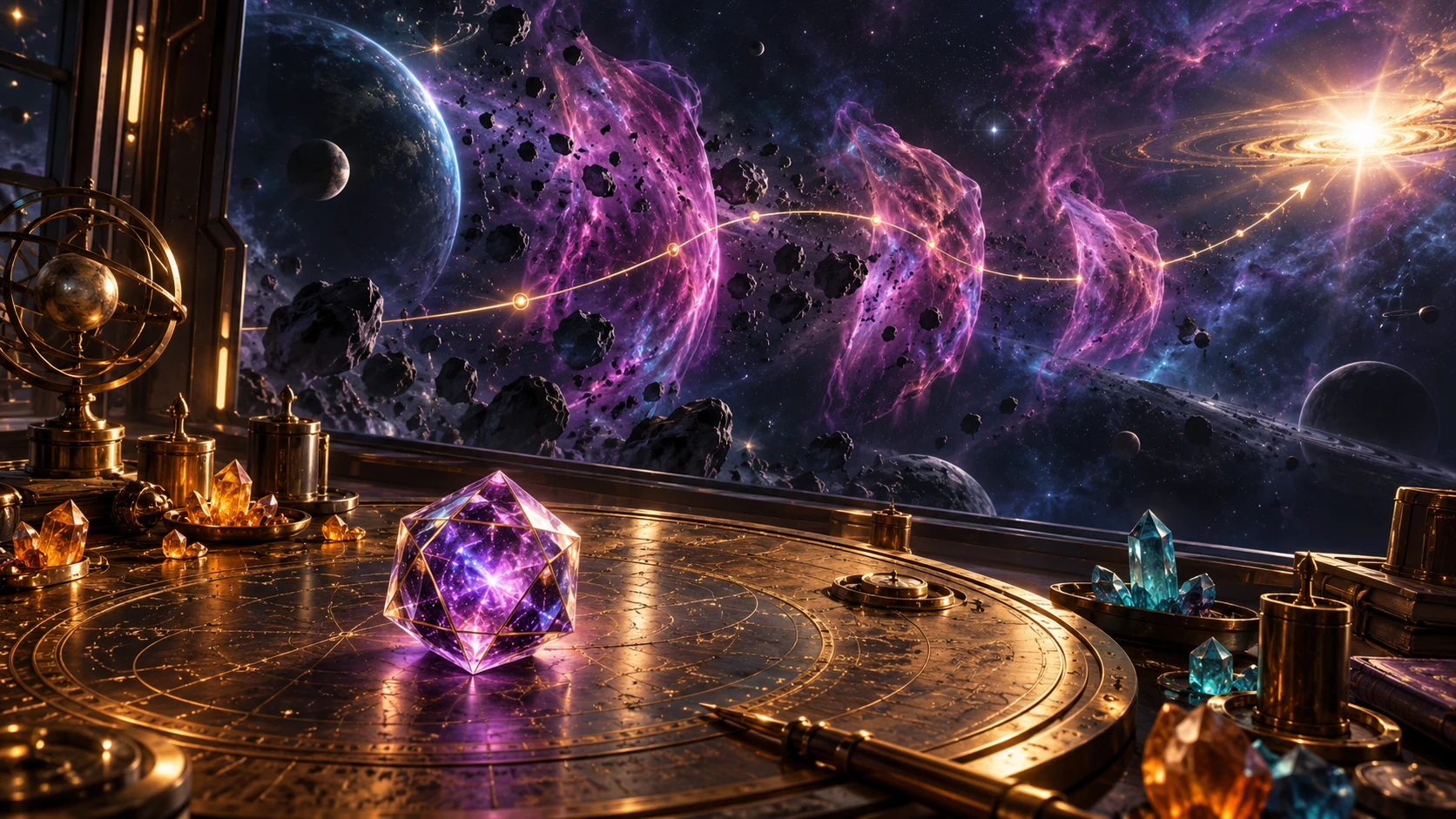 Original conceptual illustration of a navigation route through cosmic interference
