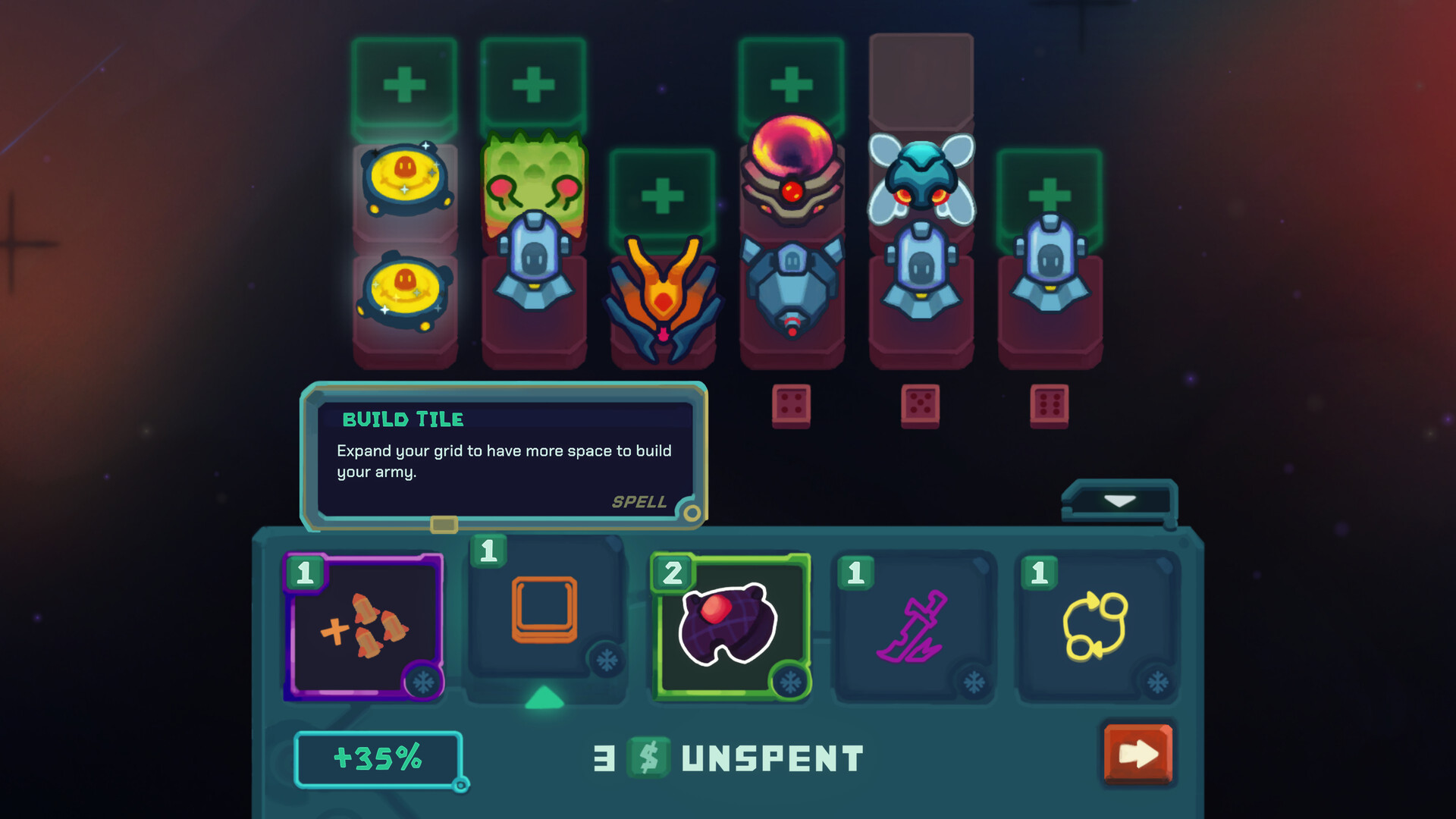 The official Dicevaders shop with Build Tile selected and the remaining budget