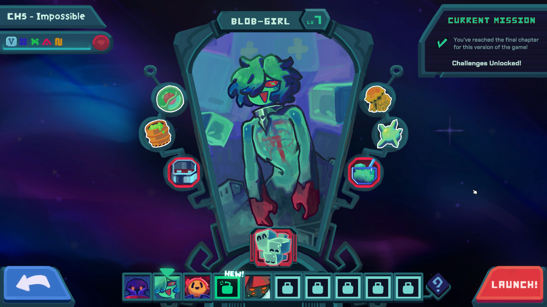 Blob Girl selected on the Dicevaders commander selection screen