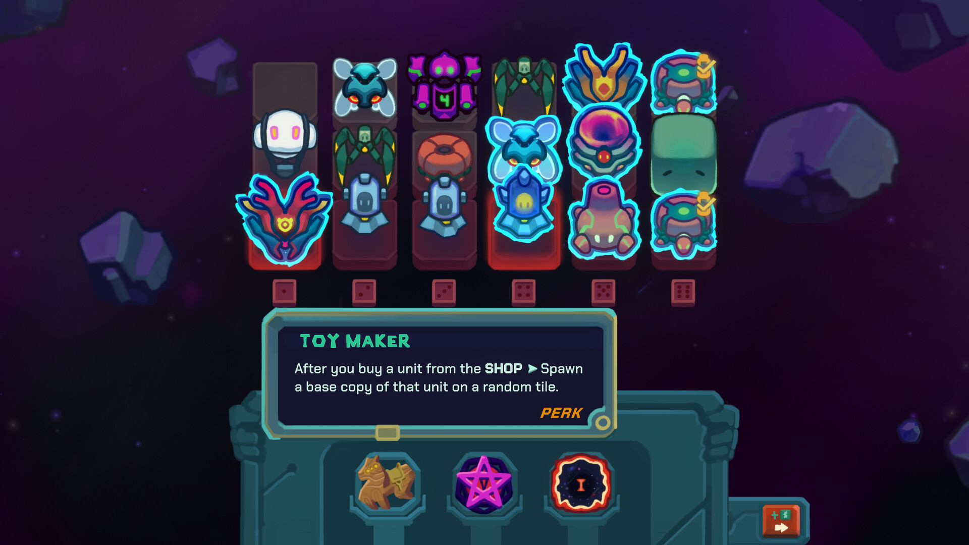 Dicevaders board displaying the Toy Maker perk and the artifact row